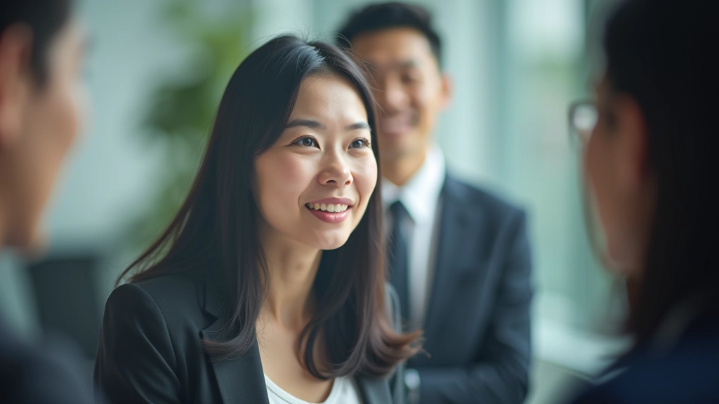 Professional woman in business attire having a confident conversation