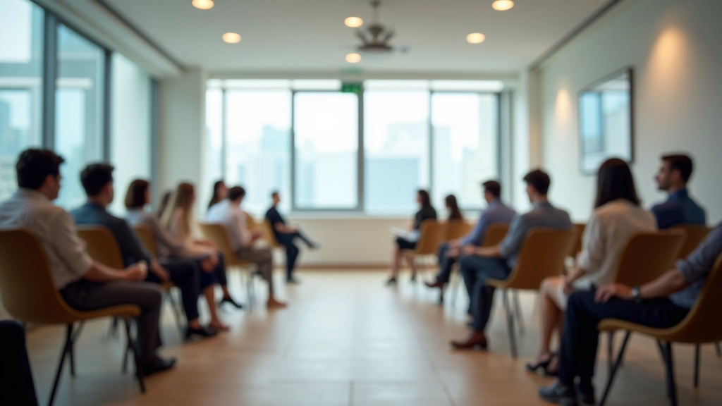 Professional workshop space with modern training environment, bright natural lighting, welcoming atmosphere for communication development