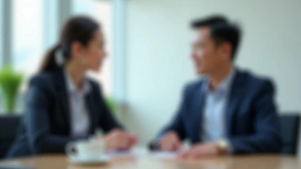 Two professionals having a focused conversation in modern office setting, demonstrating active listening and engaged dialogue